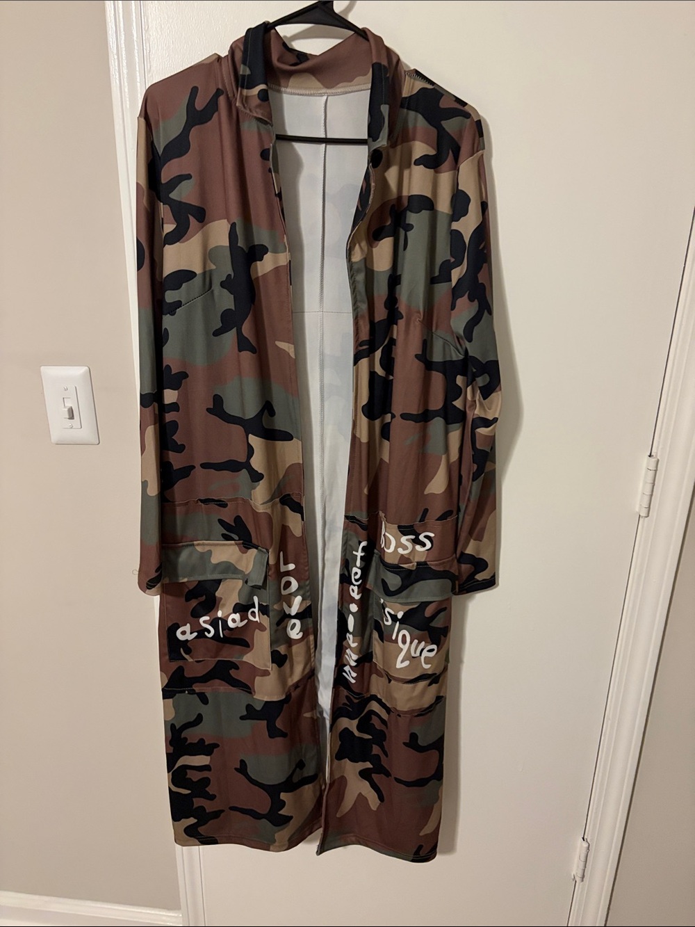 Camo Duster Cardigan with Script Pocket Detail